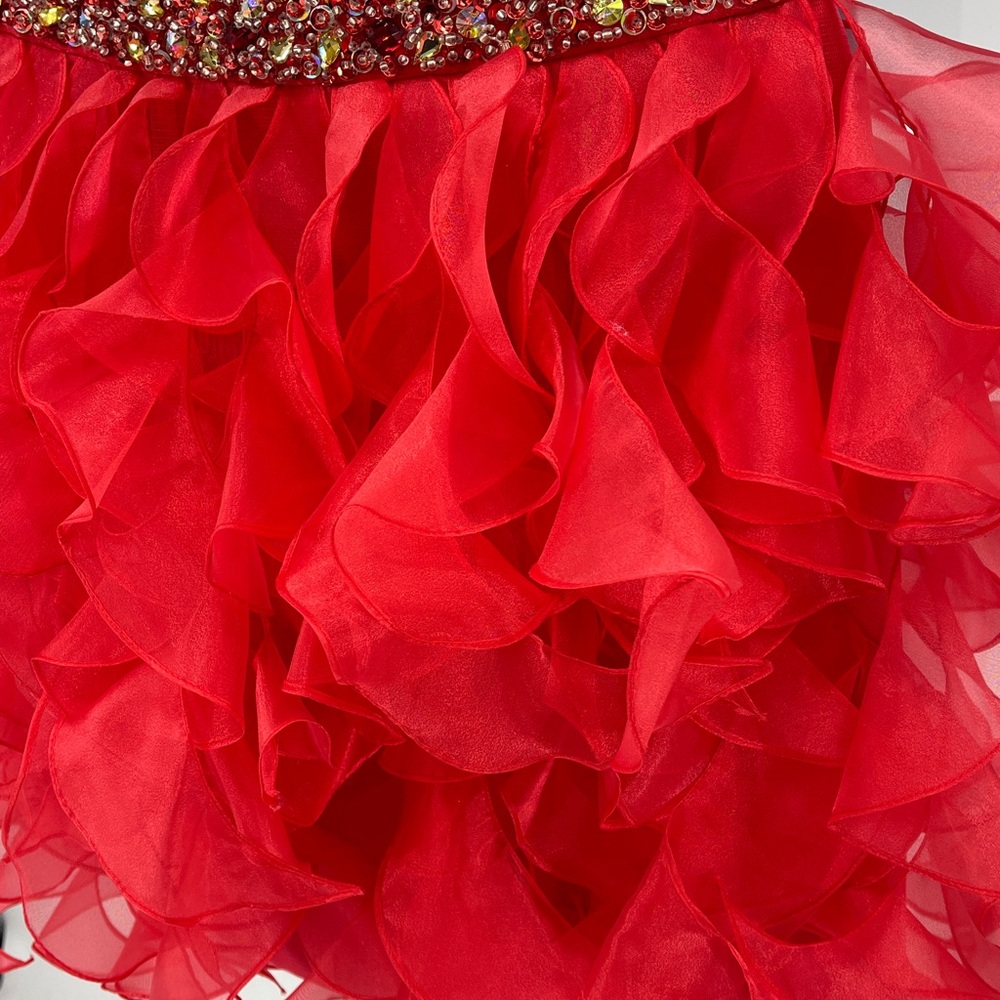 Sherri Hill Red CORKSCREW Ruffled Dress WOMENS SIZE 0 NWT GEMSTONE WAISTBAND - Picture 4 of 15